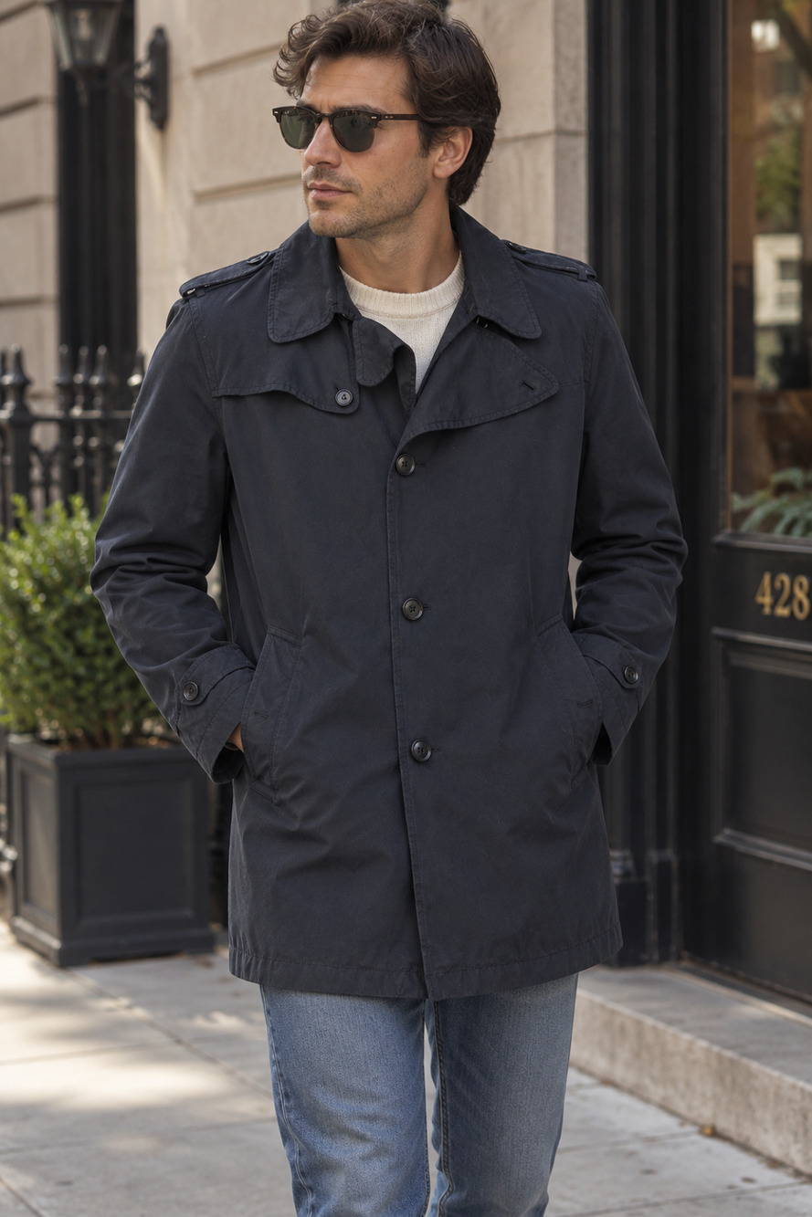 Mens Banana Republic Dark Navy Trench Coat Rain Garment Dye Preppy Large